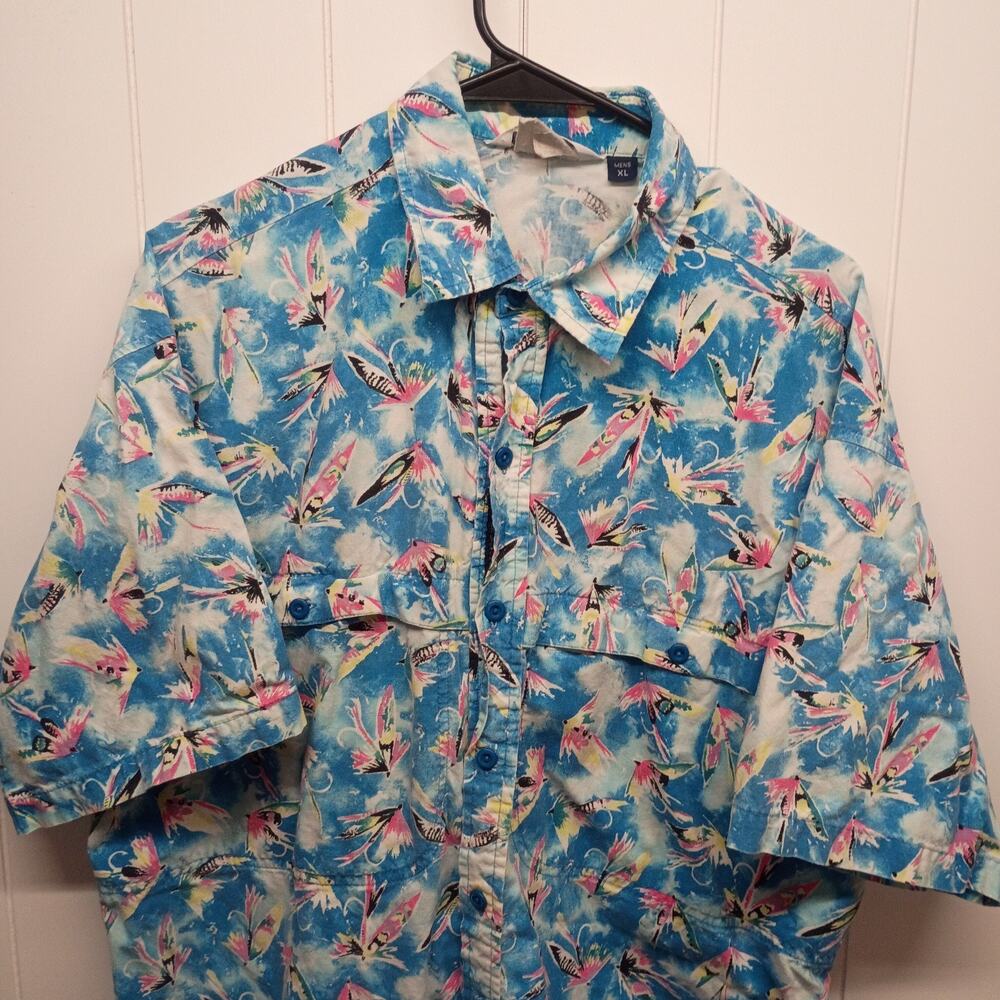 Vintage Columbia Sportswear Fishing Shirt Men XL Made USA Fly Lures AOP PFG Blue - Picture 2 of 8